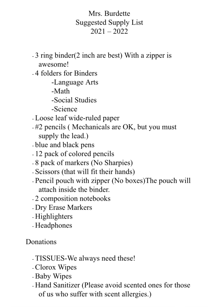 5th Grade- Mrs. Burdette's Supply List