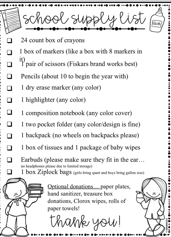 1st Grade supply list Eastbrook Elementary School