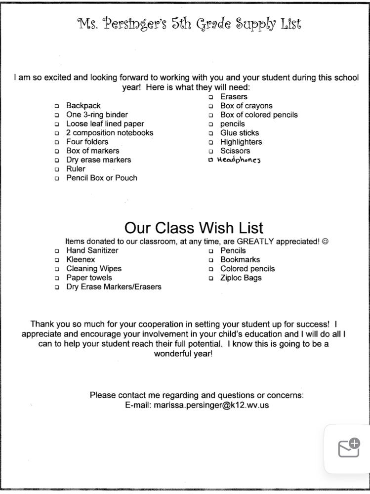 5 th grade - Ms. Persinger's Supply List