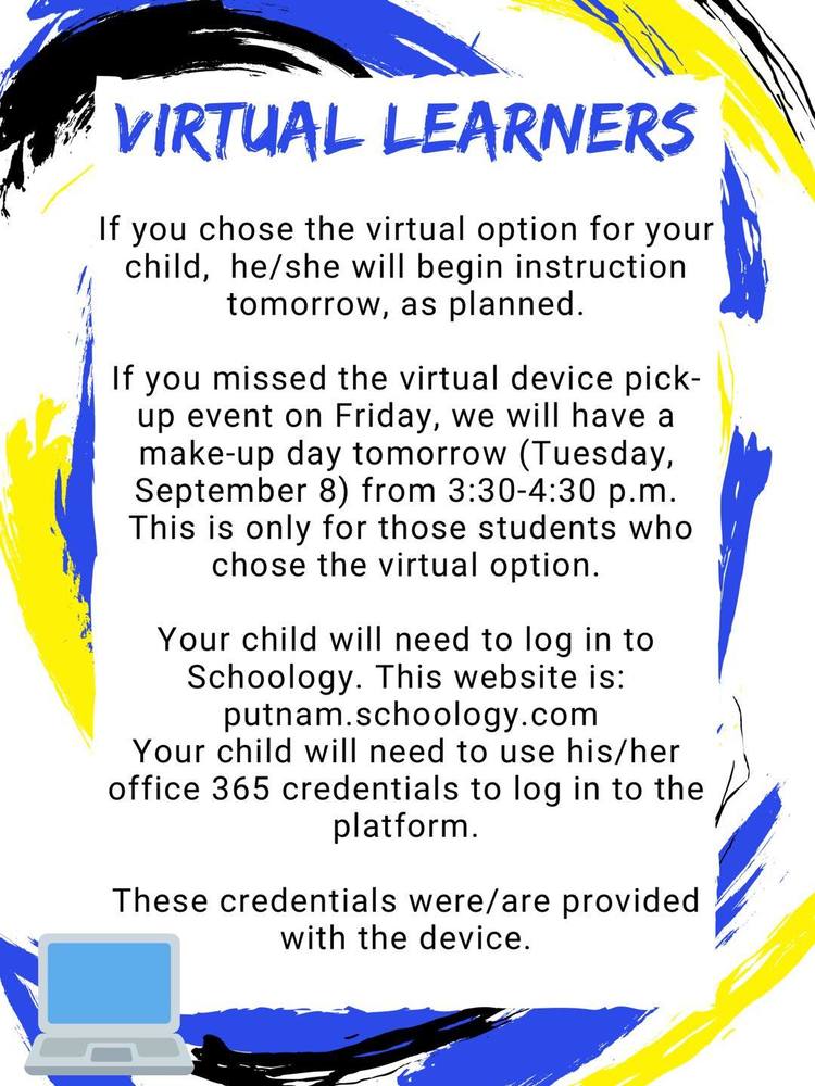 Virtual Learners- Sept. 8th Information