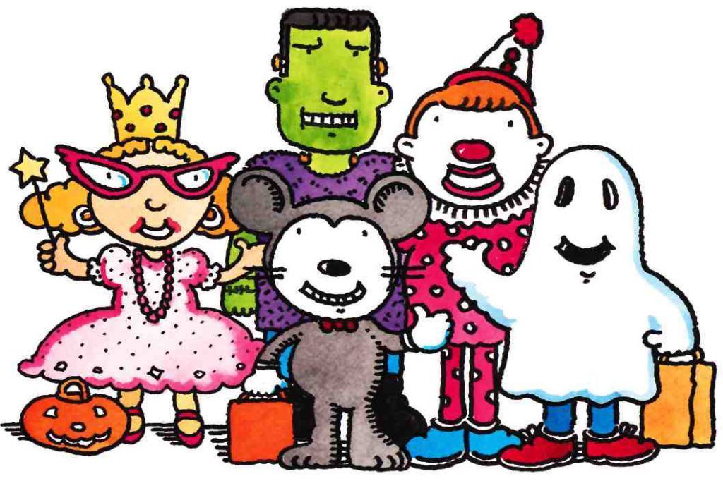 cartoon of kids in Halloween costumes