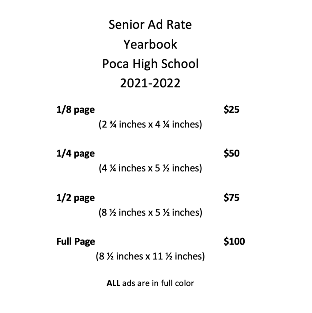 Ad rates for yearbooks. Call 304-755-5001 for information