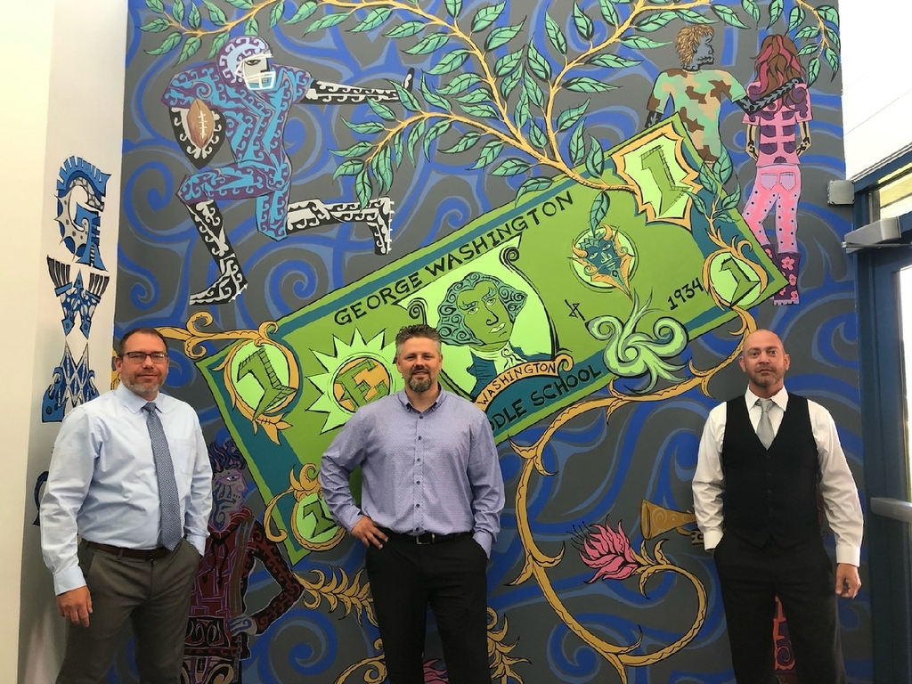  Front entrance. Pictured left to right are Denny Paugh (Vice Principal), J.P. Owens (Artist and GW alumnus), and John Arthur (Community Project Coordinator)